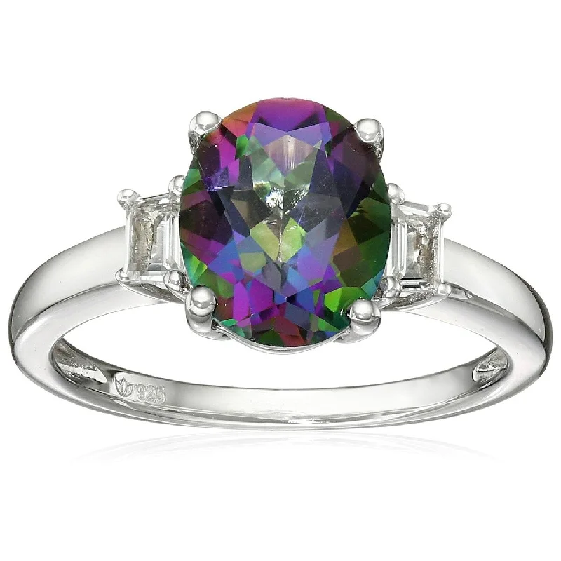 Textured wedding ring-925 Sterling Silver Mystic Topaz and White Topaz 3-Stone Ring