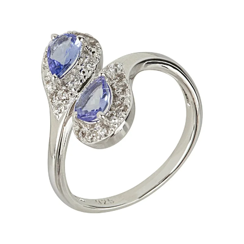 Ripple swirl ring-925 Sterling Silver Tanzanite and White Natural Zircon Bypass Ring