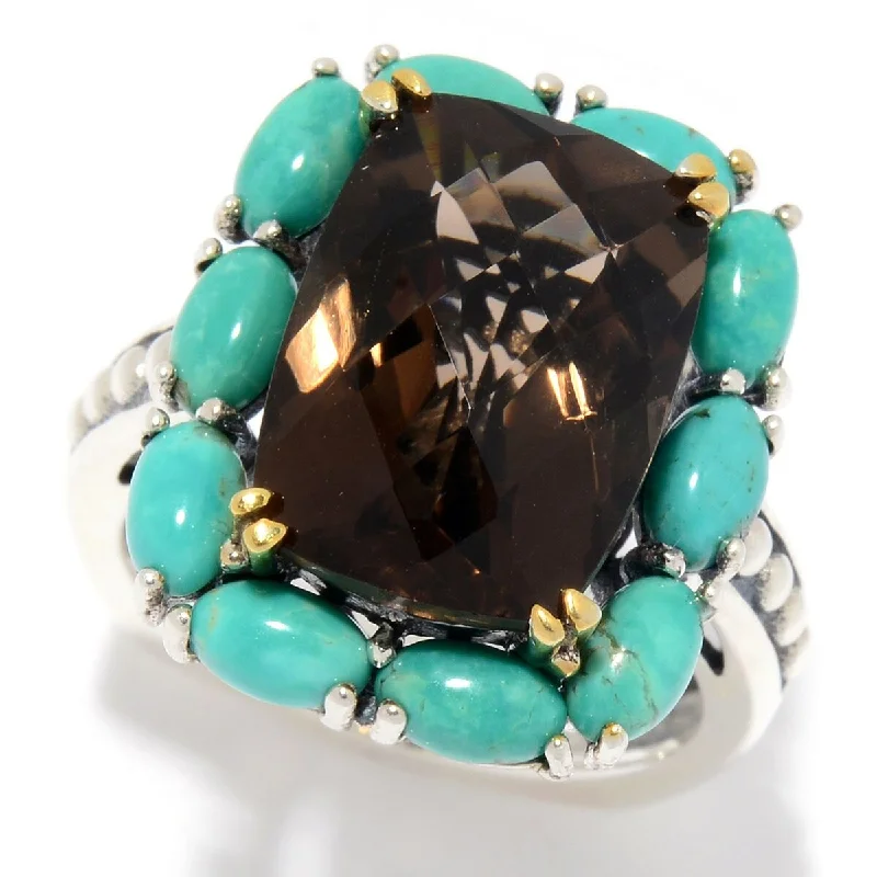 Glazed gem ring-925 Sterling Silver Tyrone Turquoise and Smoky Quartz Ring