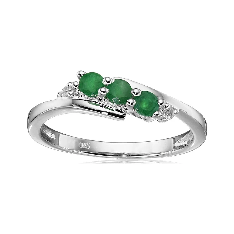 Stacked gemstone ring-925 Sterling Silver Zambian Emerald,White Natural Zircon 3-Stone Ring