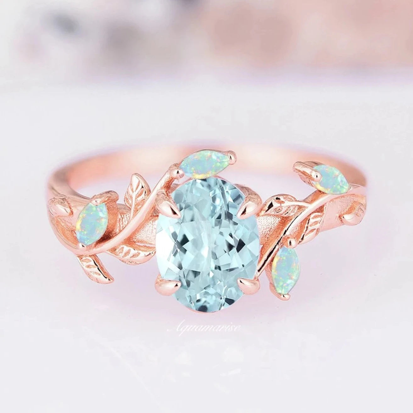 Twisted twig ring-Aquamarine & Fire Opal Leaf Engagement Ring- 14K Solid Rose Gold