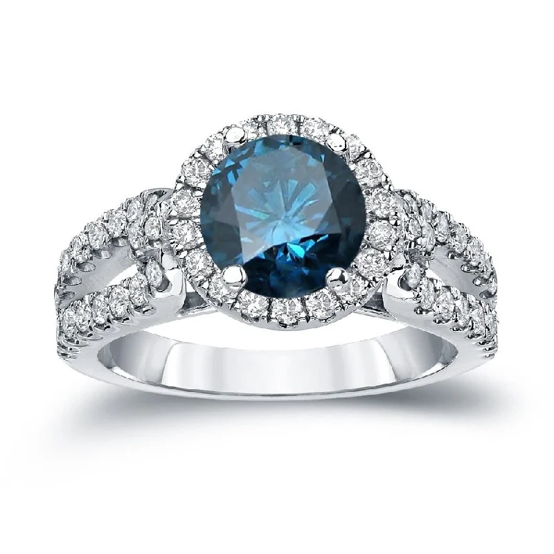 Brook pebble ring-Auriya 1 1/2ctw Round Halo Blue Diamond Engagement Ring 14k Gold