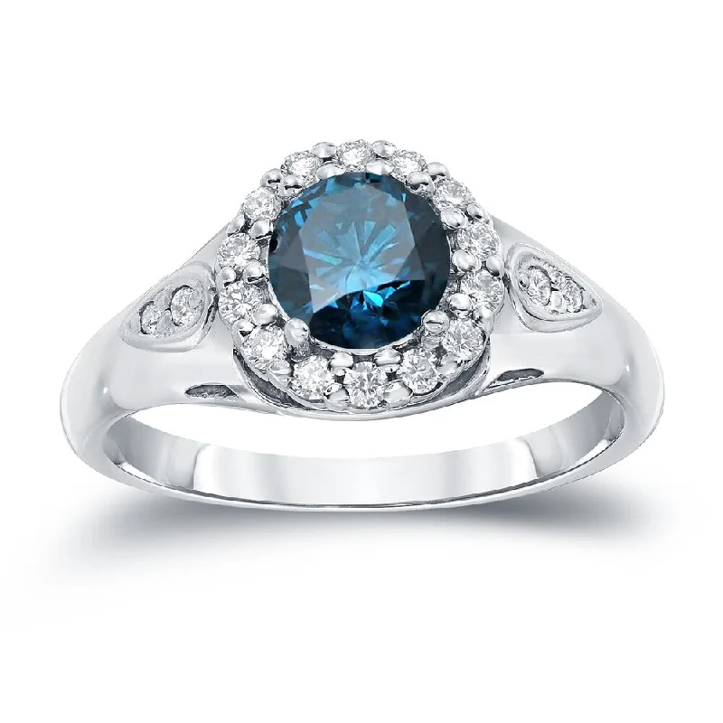 Tribal mark ring-Auriya 1 1/4ctw Round Halo Blue Diamond Engagement Ring 14k Gold