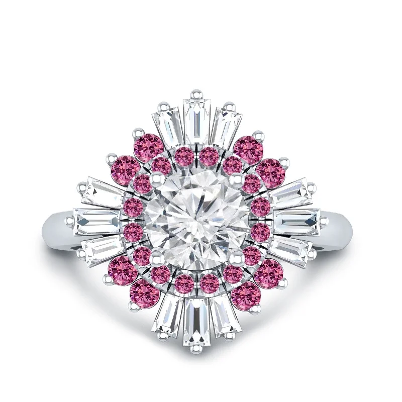 Daisy flower ring-Auriya 14k Gold 1 1/5ctw Ballerina Diamond and Pink Sapphire Engagement Ring Certified (G-H, VS1-VS2)