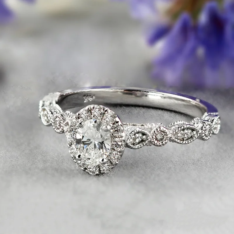 Natural stone ring-Auriya 14k Gold Vintage Oval-cut 5/8ctw Halo Diamond Engagement Ring