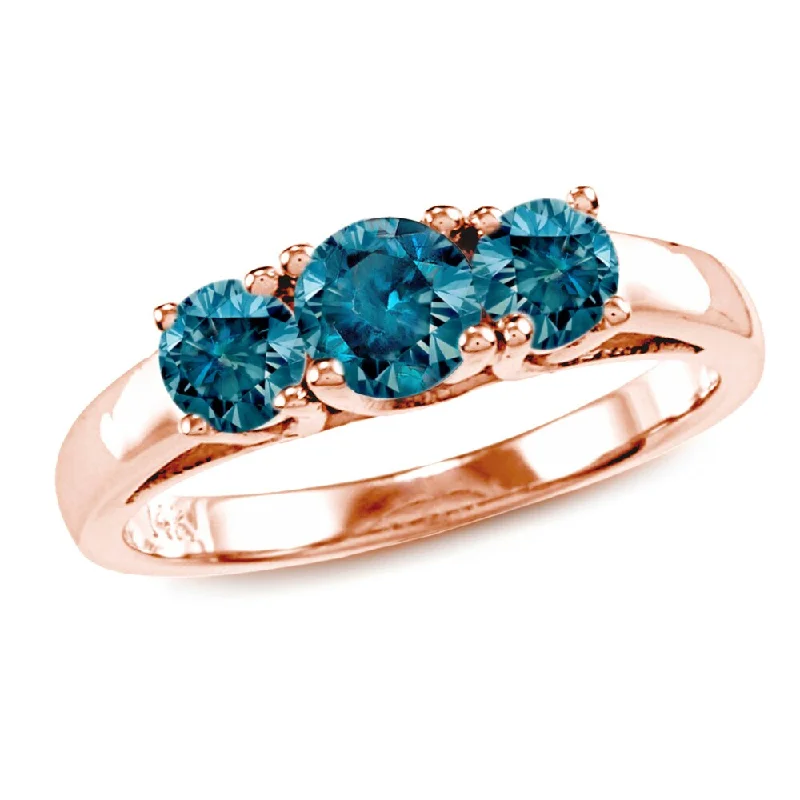 Sisal band ring-Auriya 1ctw Round 3 Stone Blue Diamond Engagement Ring 14k Rose Gold