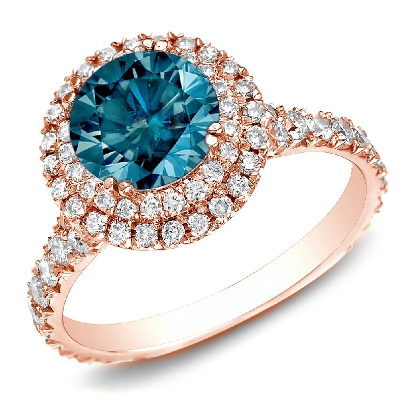 Glazed gem ring-Auriya 2ctw Double Halo Blue Diamond Engagement Ring 14k Rose Gold