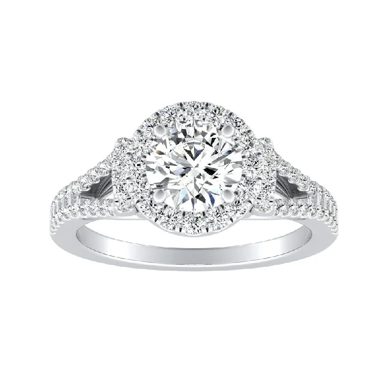 Sarmatian band ring-Auriya 3/4ct Round Moissanite Halo Engagement Ring with 1/3ct TDW Split Diamond Shank 14K Gold (G-H, VS1-VS2)