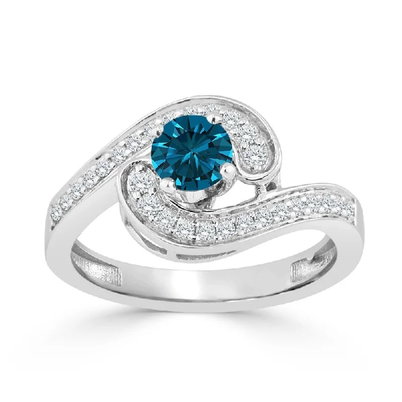 Broken gem ring-Auriya Bypass Swirl 3/4ctw Halo Blue Diamond Engagement Ring 14k Gold