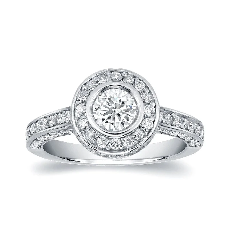 Luminous set ring-Auriya Double Edge 1 1/2ct TDW Bezel-Set Diamond Halo Engagement Ring 14k White Gold (H-I, SI1-SI2)