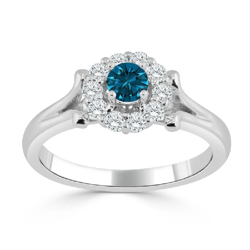 Braided weave ring-Auriya Floral Inspired 1/2ctw Halo Blue Diamond Engagement Ring 14k Gold