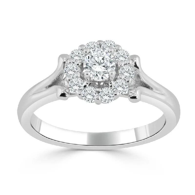 Fluke ridge ring-Auriya Floral Inspired 1/2ctw Round Halo Diamond Engagement Ring 14k Gold