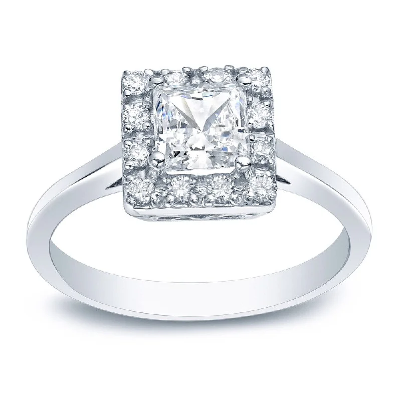 Chiseled cut ring-Auriya Platinum 1/2ctw Princess-cut Halo Diamond Engagement Ring (I-J, I1-I2)