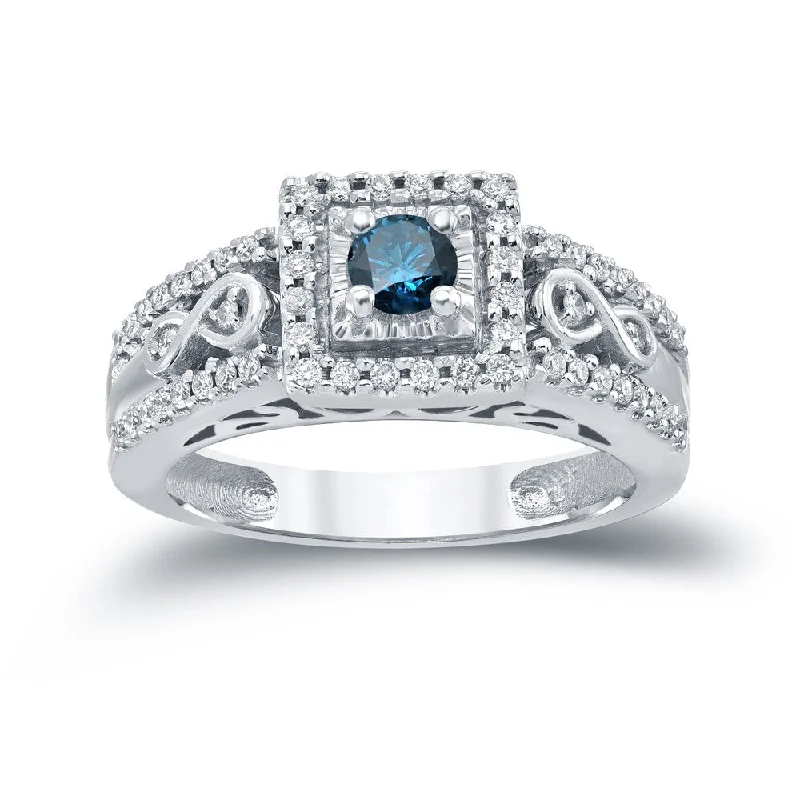 Twilight gray ring-Auriya Unique 3/5ctw Round Halo Blue Diamond Engagement Ring 14k Gold