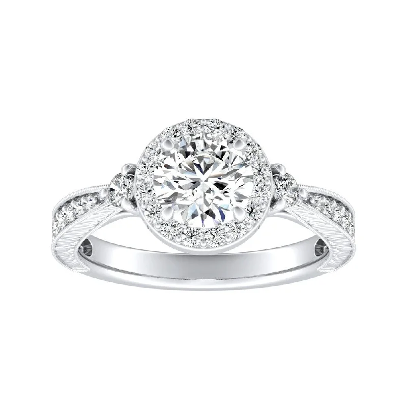 Star-cut zircon ring-Auriya Vintage Inspired 1ct Round Moissanite and 1/3ct TDW Diamond Halo Engagement Ring 14k Gold