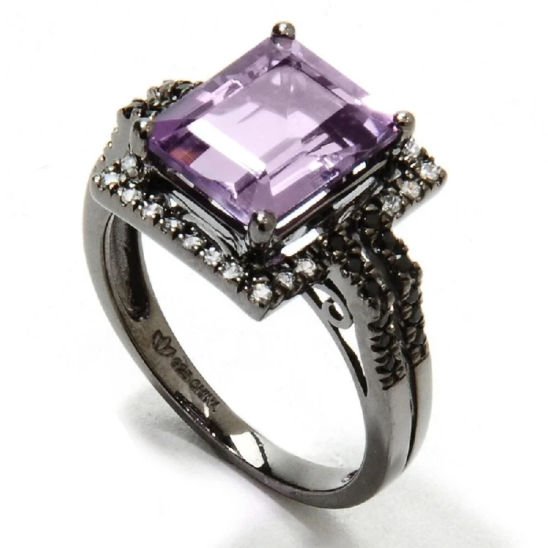 Lemon quartz ring-Black Rhodium O/ Silver 3.73Ctw African Amethyst Solitaire W/ Accent Ring