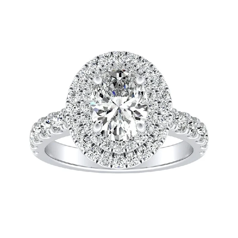 Flicker spark ring-Classic Oval Shape 1 1/2ctw Double Halo Diamond Engagement Ring 18k Gold by Auriya