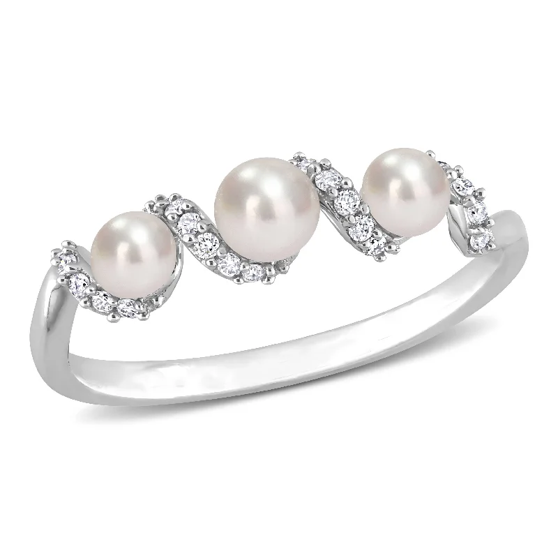 Luminous set ring-Cultured Freshwater Pearl and 1/10 CT TDW Diamond Swirl Ring in 14k White Gold