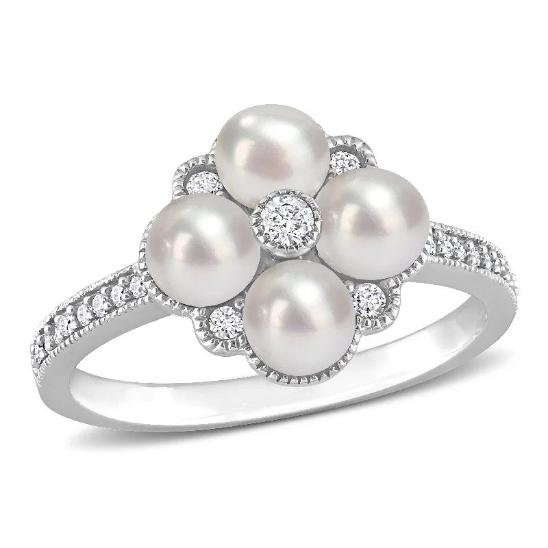 Thyme twig ring-Cultured Freshwater Pearl and 1/6 CT TDW Diamond Cluster Ring in 14k White Gold