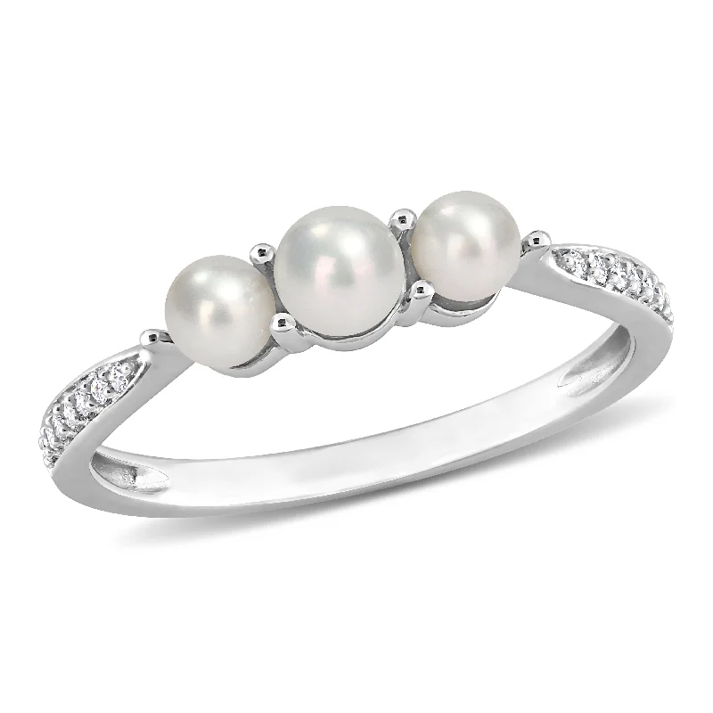 Natural stone ring-Cultured Freshwater Pearl and Diamond Accent 3-Stone Ring in 14k White Gold