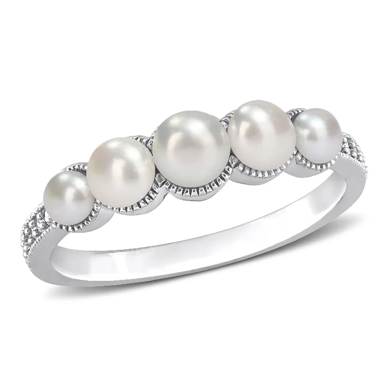 Brushed sapphire ring-Cultured Freshwater Pearl and Diamond Accent Halo Five Stone Ring in 14k White Gold