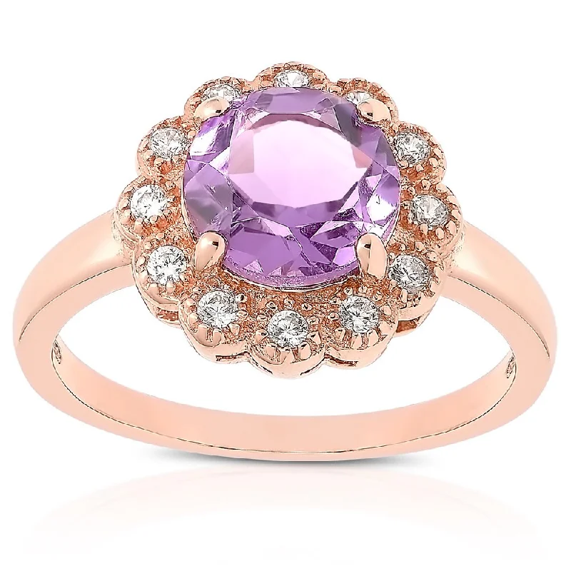 Edwardian flair ring-Dolce Giavonna Rose Gold Over Sterling Silver Amethyst and Cubic Zirconia Flower Ring