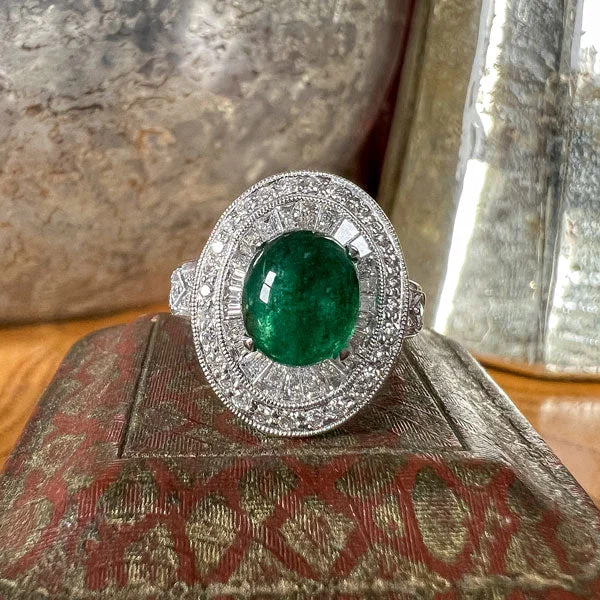 Satin finish ring-Estate Cabochon Emerald & Diamond Cluster Ring