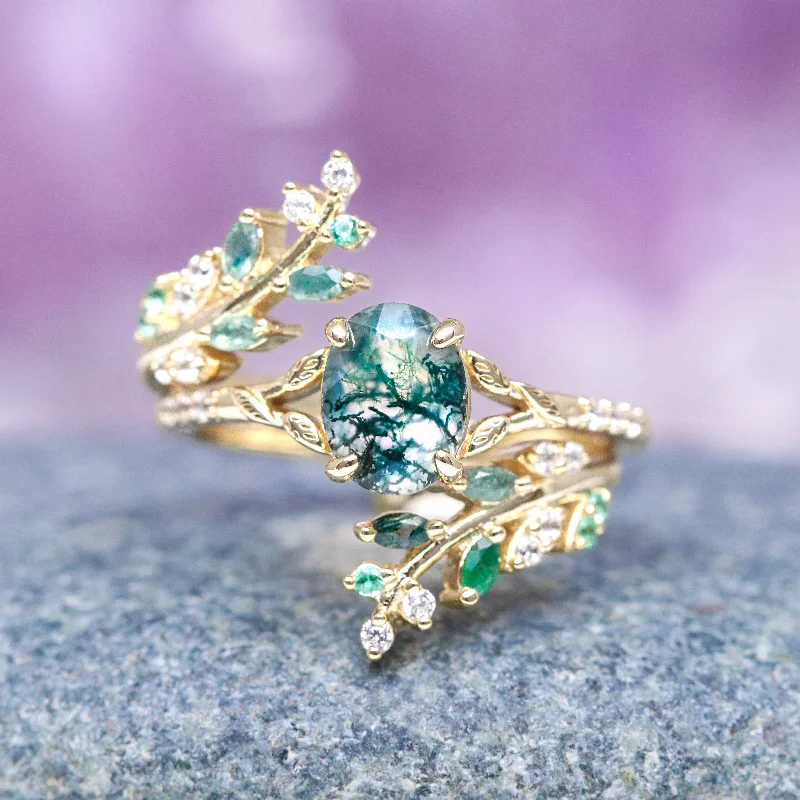 Raised layer ring-Green Moss Agate & Emerald Leaf Engagement Ring Set- 14K/ 18K Solid Yellow Gold