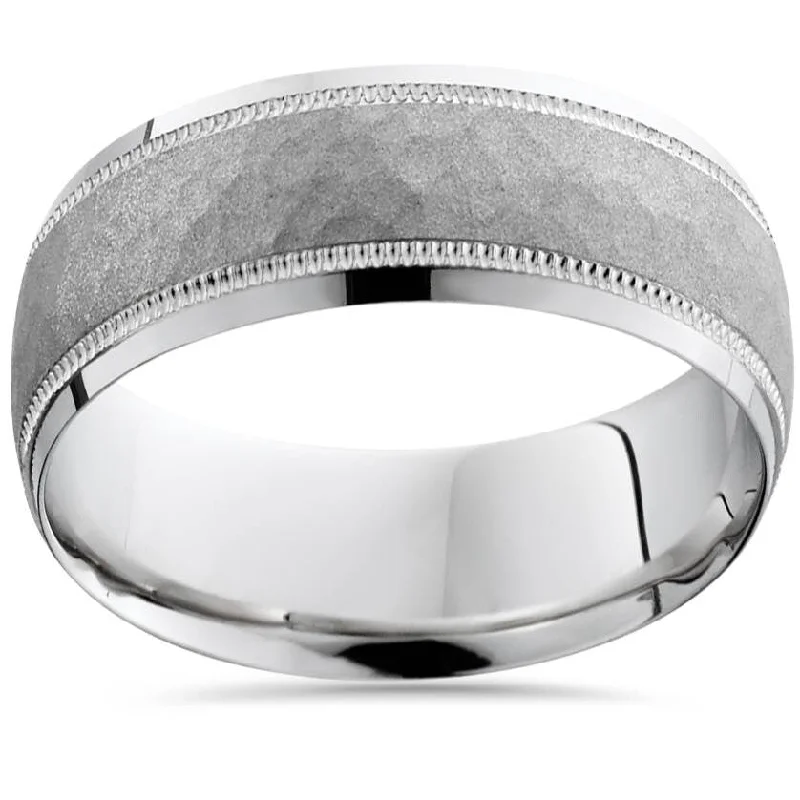 Fossil fragment ring-Hammered 10k White Gold 8mm Wedding Mens Band