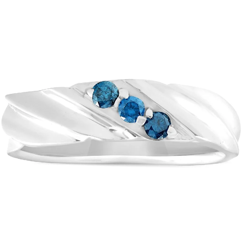 Zenith set ring-Mens Blue Diamond Three Stone 1/10 Ct Polished Ring 14k White Gold