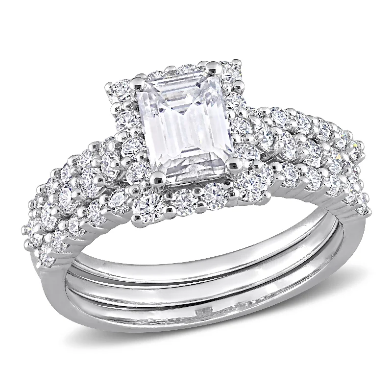 Soft hue ring-Miadora 2 1/10ct DEW Octagon-cut Moissanite Halo Bridal Ring Set in Sterling Silver