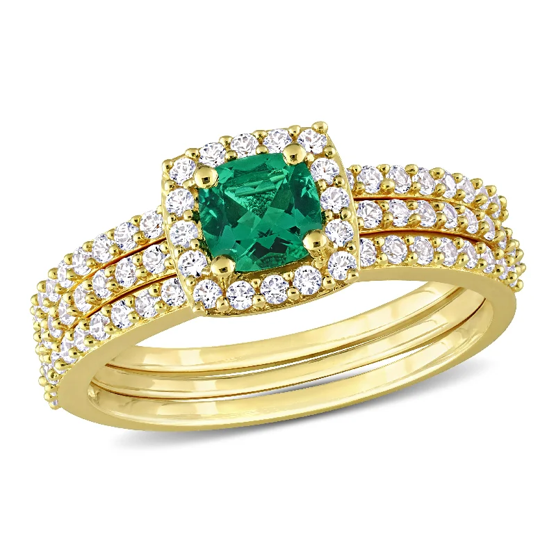 Speckled finish ring-Mimi & Max 1 1/2ct TGW Created Emerald and Created White Sapphire Bridal Three-Ring Set in Yellow Silver