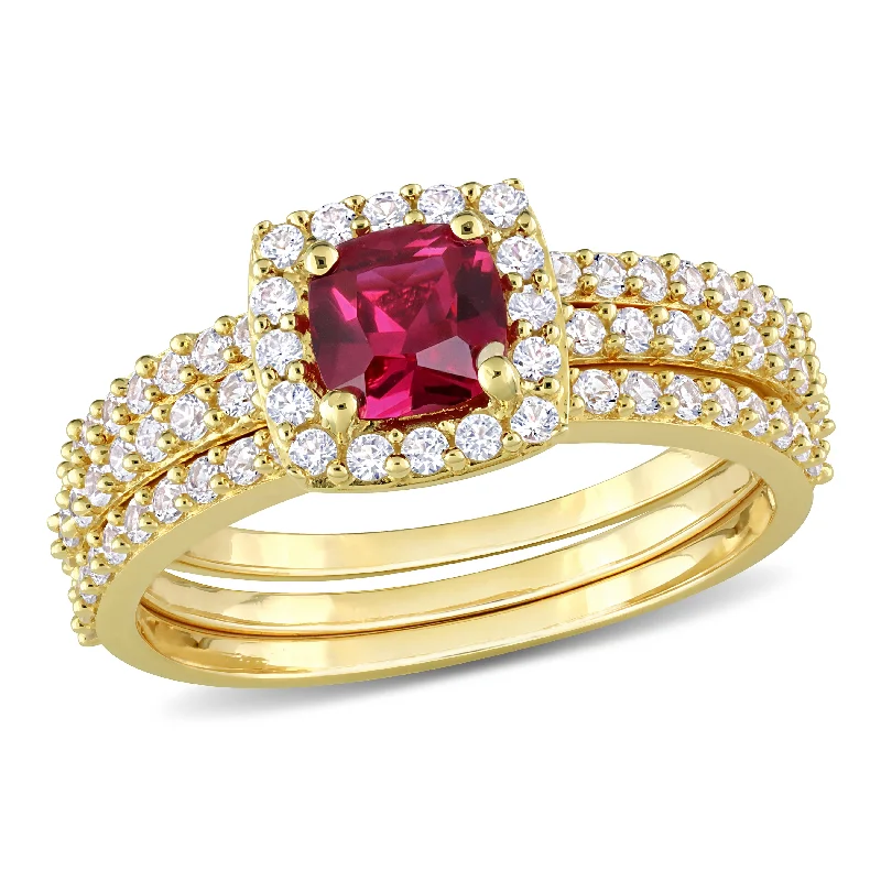 Tribal mark ring-Mimi & Max 1 1/2ct TGW Created Ruby and Created White Sapphire Bridal Three-Ring Set in Yellow Silver