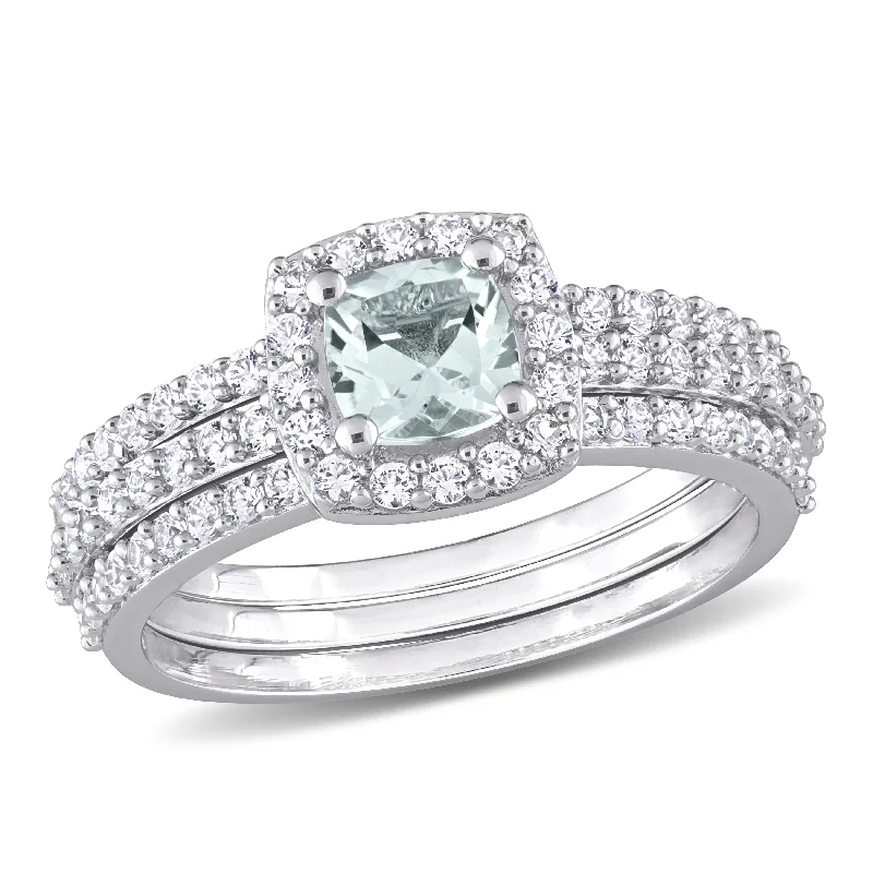 Flicker spark ring-Mimi & Max 1 1/3ct TGW Aquamarine and Created White Sapphire Bridal Three-Ring Set in Sterling Silver