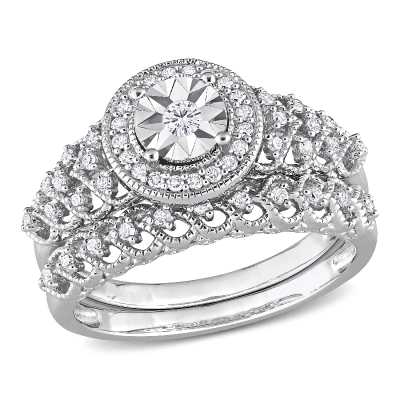 Flat bezel ring-Mimi & Max 1/3ct TDW Diamond Halo Bridal Ring Set in Sterling Silver