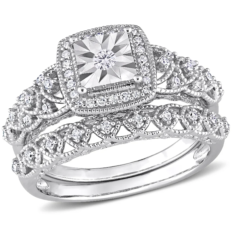 Crescent design ring-Mimi & Max 1/3ct TDW Diamond Square Halo Bridal Ring Set in Sterling Silver