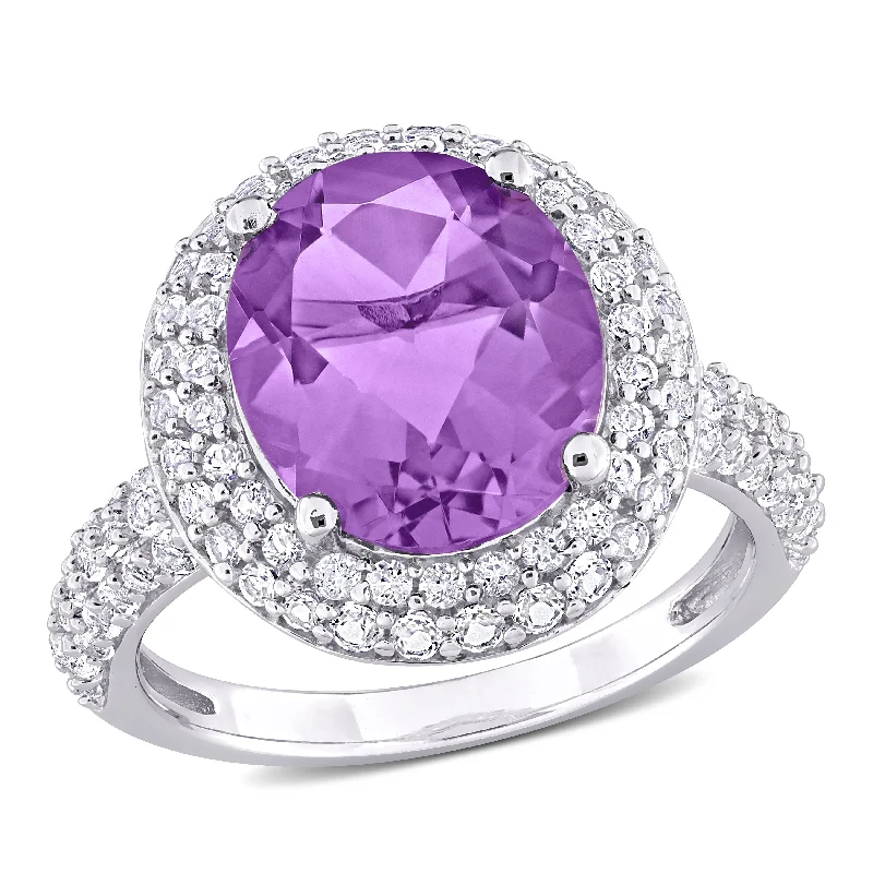 Glazed gem ring-Mimi & Max 5 1/3ct TGW Oval-Cut Amethyst and White Topaz Double Halo Ring in Sterling Silver