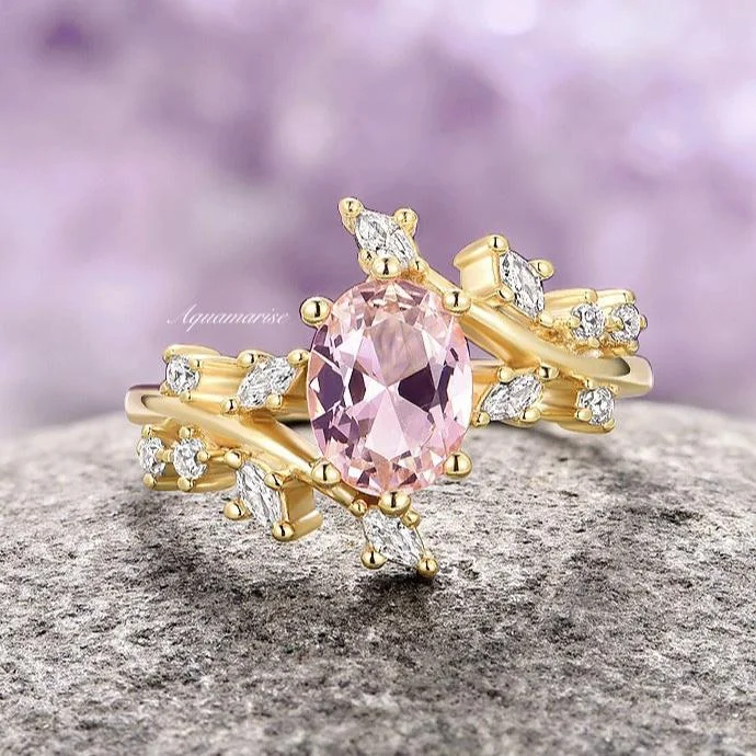 Dew bead ring-Morganite Fairy Leaf Engagement Ring- 14K Solid Yellow Gold