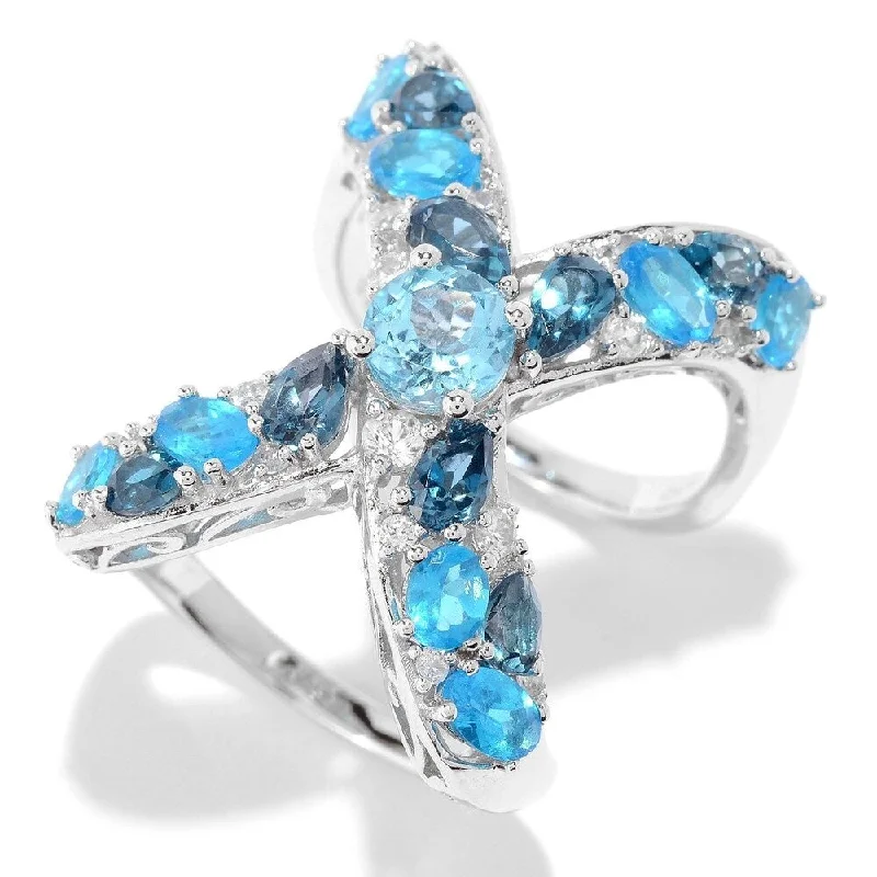 Root stem ring-Pinctore SS Swiss Blue Topaz, Neon Apatite, London Blue Topaz Ring, Size 7