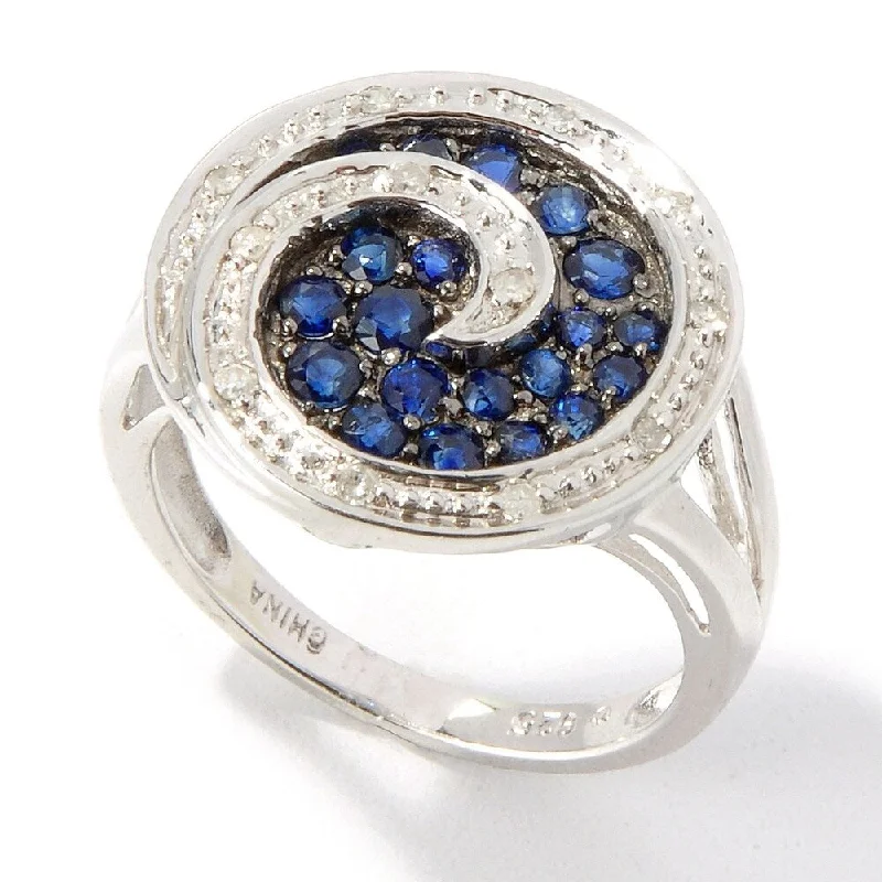 Birch grain ring-Platinum o/ Silver 0.71ctw Blue Sapphire & Diamond Cluster Ring