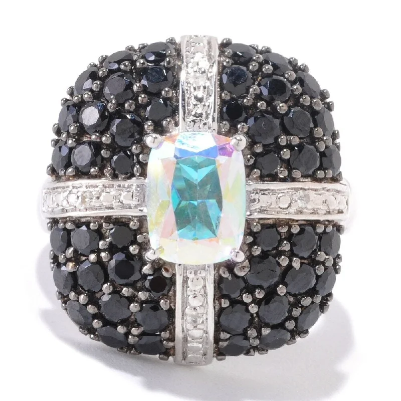 Muted check ring-Platinum O/ Silver 4.57Ctw Opal Topaz & Black Spinel Ring