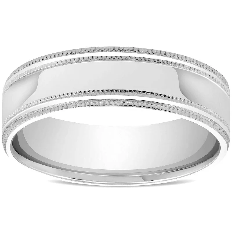 Fir sprig ring-Pompeii3 10k White Gold 6MM Mens High Polished Wedding Band Flat Milgrain Accent