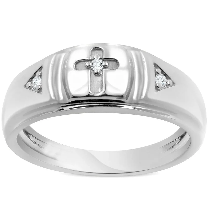 Fossil fragment ring-Pompeii3 10k White Gold Diamond Cross Ring Mens Wedding Band