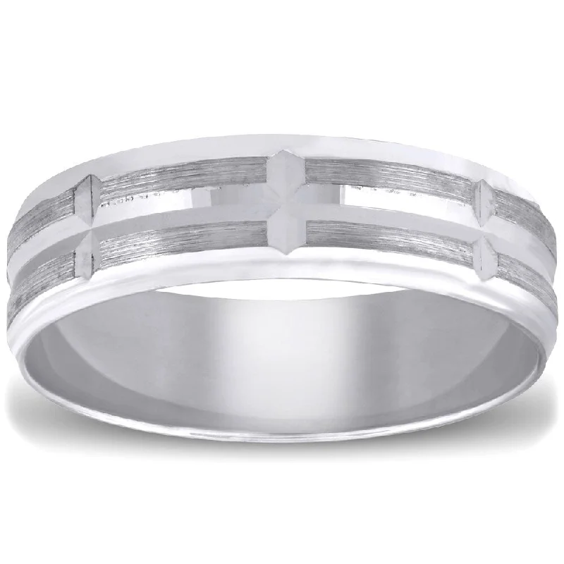 Folded rim ring-Pompeii3 10k White Gold Mens Wedding Band 6mm Brushed Ring