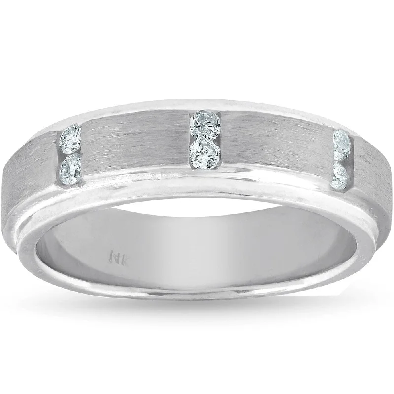 Scuffed edge ring-Pompeii3 14k White Gold 1/8 Ct TDW Diamodn Mens Brushed Wedding Ring