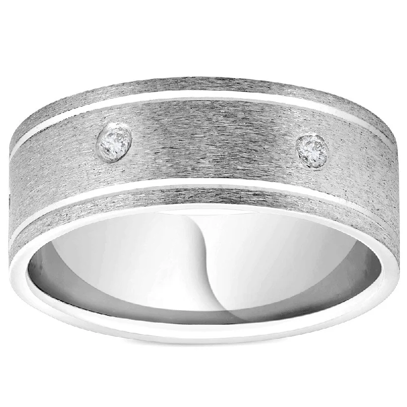 Snap hinge ring-Pompeii3 950 Platinum 8MM Flat Brushed Diamond Mens Comfort Fit Wedding Band Ring - White