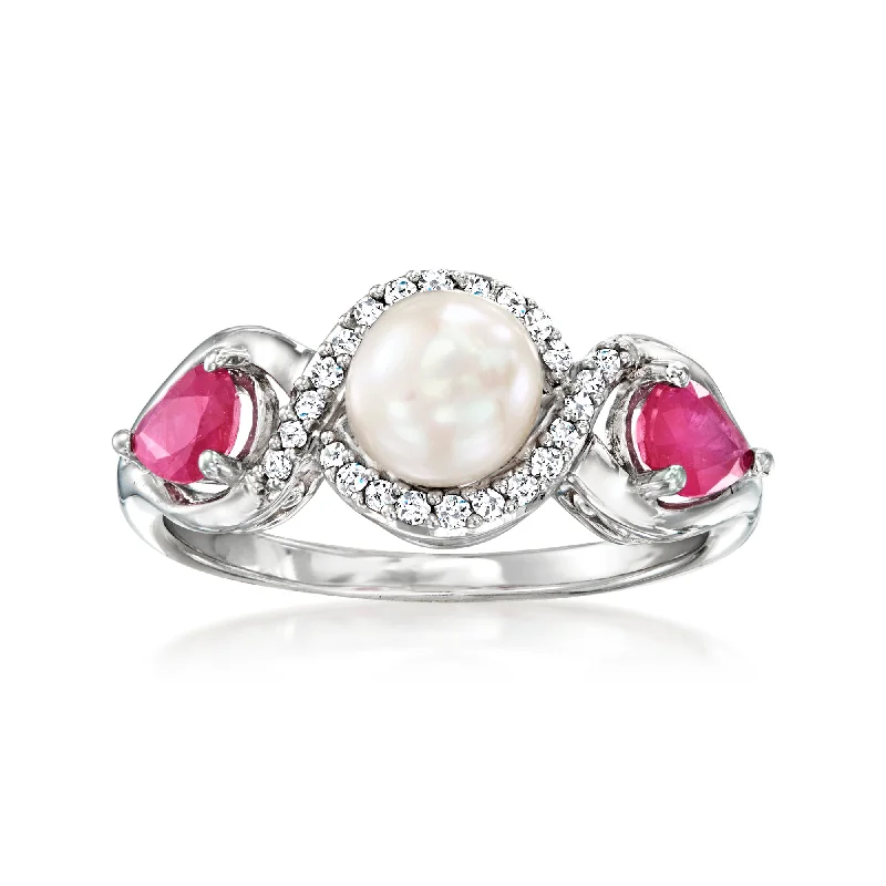 Brook pebble ring-Ross-Simons 6-6.5mm Cultured Pearl and Ruby Ring With . Diamonds in Sterling Silver