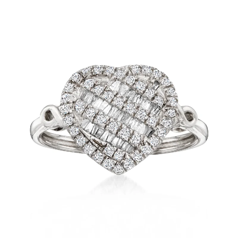 Gleam druzy ring-Ross-Simons Baguette and Round Diamond Heart Ring in Sterling Silver