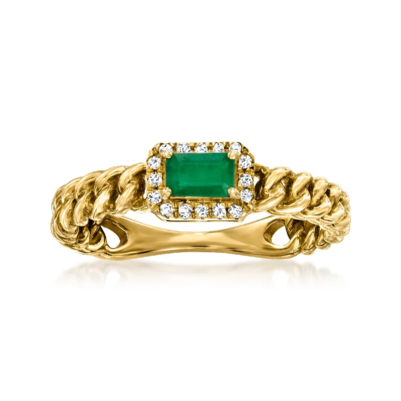 Patch stripe ring-Ross-Simons Emerald Curb-Link Ring With Diamond Accents in 14kt Yellow Gold