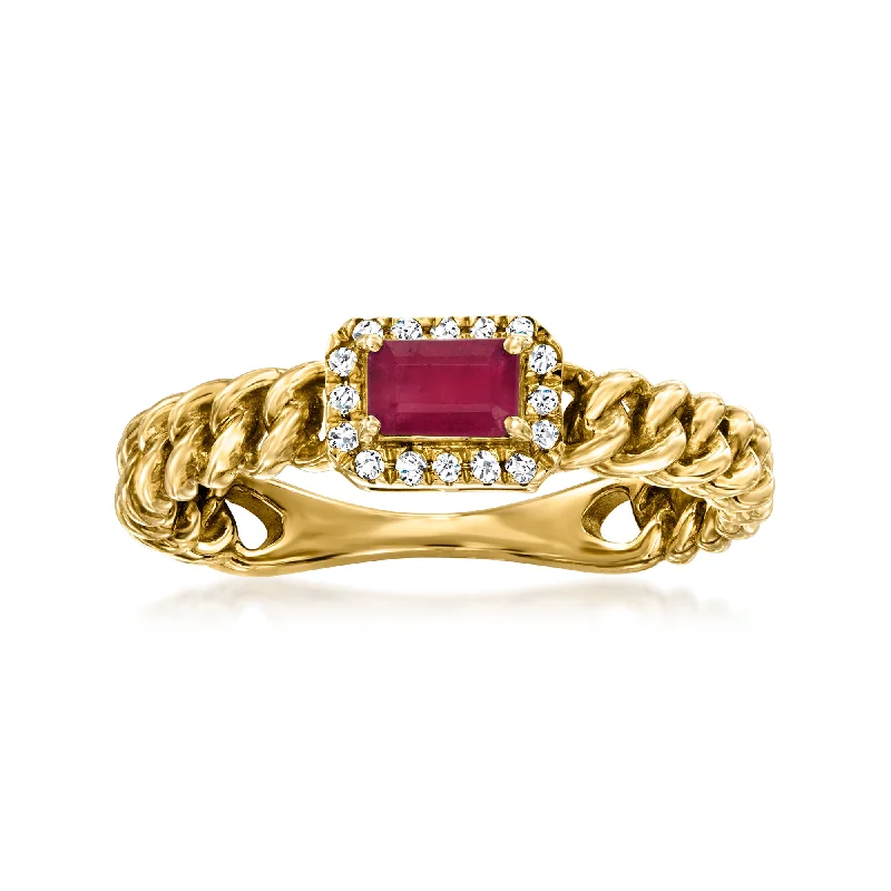 Jute cord ring-Ross-Simons Ruby Curb-Link Ring With Diamond Accents in 14kt Yellow Gold